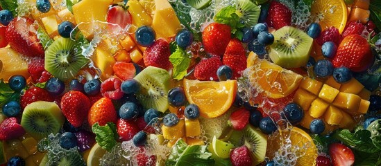 Canvas Print - A vibrant scene featuring an array of colorful fruit salads overflowing with fresh cut delights creating a captivating copy space image