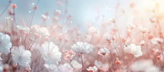 Wall Mural - Soft white pastel flowers with a romantic essence set against a blurred nature backdrop creating a serene copy space image