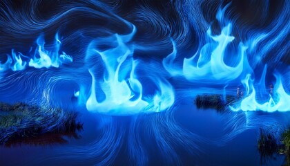 Canvas Print - swirling flames magic blue flames anime style blue flames flickering on top of water marshland background