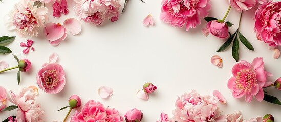 Aufkleber - Pink peony flowers arranged in a frame on a white background for a flat lay view with top view perspective providing copy space for an image