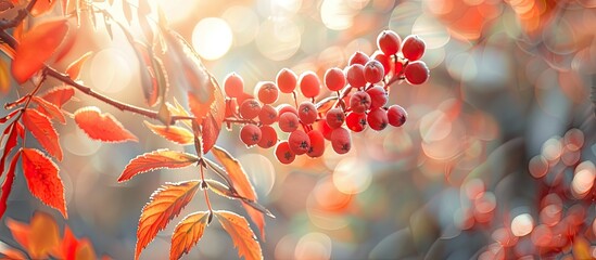 Poster - A picturesque fall scene displaying rowan leaves on a tree branch with sunlight shining through highlighting the autumnal beauty Selective focus accentuates the tranquil copy space image