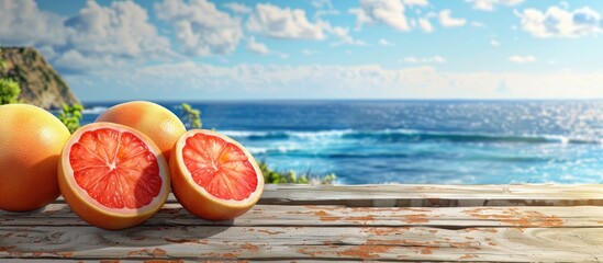 Poster - Fresh grapefruit halves on a wooden table with a scenic sea and sky background for a copy space image