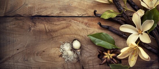 Fototapete - Close up view of vanilla pods flowers and leaves with a sugar filled spoon displayed on a wooden table creating a beautifully composed copy space image