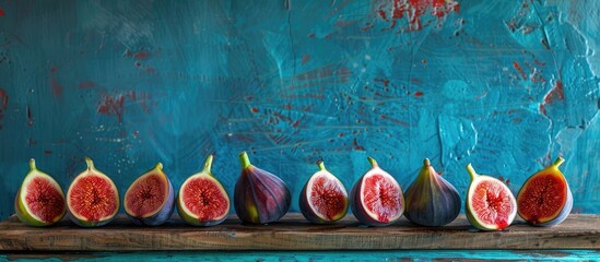 Poster - Ripe fresh figs arranged on a wooden board against a grunge blue backdrop with copy space image