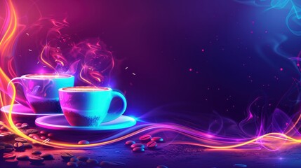 Sticker - A vibrant neon art of a coffee cups with a glowing smoke design, creating a bright and colourful display, perfect for a modern and trendy café atmosphere.