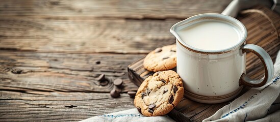 Poster - Above view of a jug of fresh milk and cookie on a wooden table with a space for text in the image. Creative banner. Copyspace image