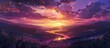 © HN Works - Dramatic vibrant sunset over a scenic landscape showcasing nature with a stunning purple pink and gold sky at dusk providing an image with copy space
