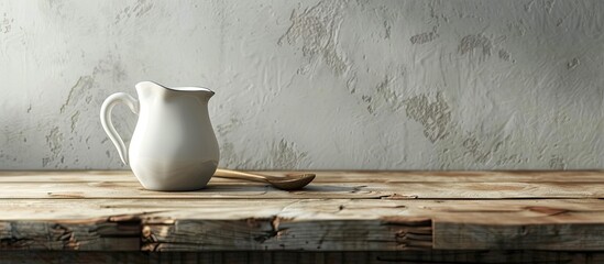 Poster - Wooden table with a jug of fresh milk providing copy space image