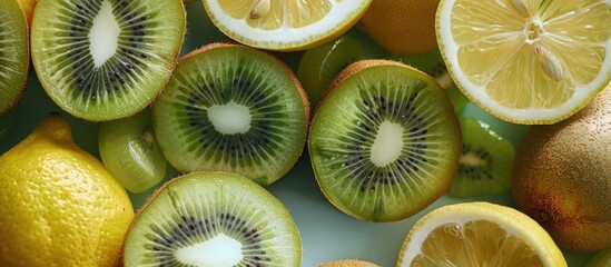 Sticker - Kiwi and lime fruits creatively arranged with a lemon in a top down view illustrating a concept with ample copy space for text or design