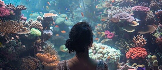 A woman in the background observing a coral reef aquarium with a blank space available for adding an image. Creative banner. Copyspace image