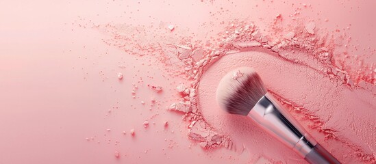 Poster - An elegant makeup brush is placed on a universal tone blush swatch against a pastel background creating a copy space image Top view showcases product design