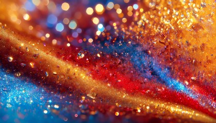 Wall Mural - sparkling ink glitter paint drip defocused red blue golden color metallic sequin shiny dust particles texture pigment emulsion fluid flow motion abstract art generative ai