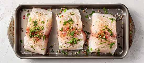 Sticker - Top view of uncooked raw cod loin fillet steaks seasoned with herbs in a kitchen tray against a gray background with ample copy space image