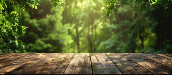 Poster - A wooden table with a blurred green forest background provides ample copy space for showcasing advertising products
