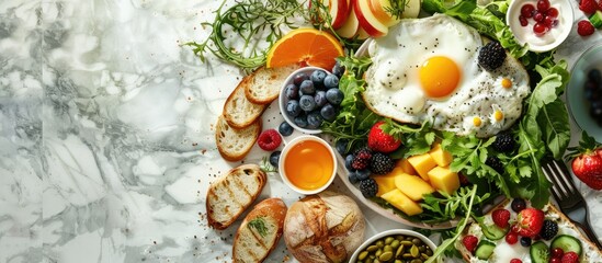 Aufkleber - A delicious flat lay breakfast arrangement with fruits salad egg bread vegetables cheese and berries all beautifully displayed with ample copy space image