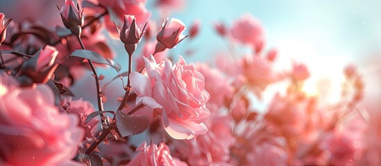 Sticker - Close up view of blooming pink roses with copy space image