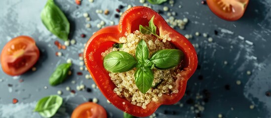 Aufkleber - Top down view of a bell pepper filled with quinoa basil and tomato on a bright surface with room for adding text Overlay. Creative banner. Copyspace image