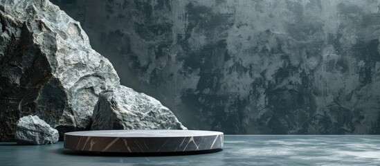 Fototapete - Backdrop featuring a podium with natural stone elements ideal for copy space image