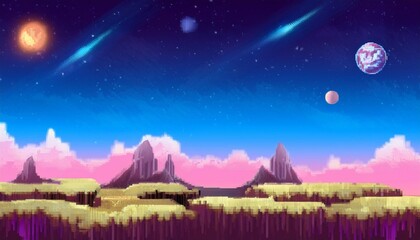 Wall Mural - pixel art game background with a space landscape generative ai