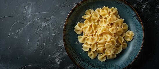 Wall Mural - Top view of a plate with homemade Baked Boursin Pasta on black background with copy space image