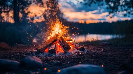 Wall Mural - Campfire Under a Dusk Sky