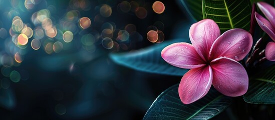 Poster - An isolated pink plumeria flower with green leaves set against a dark background with bokeh creating a captivating copy space image