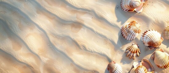 Aufkleber - Top down view of seashells on sandy beach with copy space for your own image