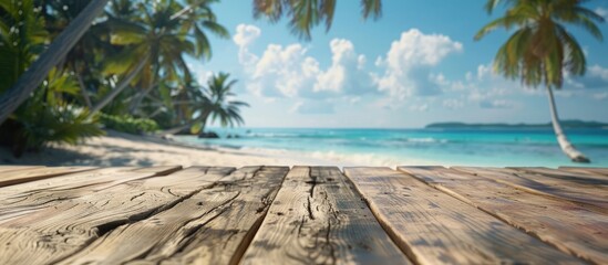 Poster - Ideal for showcasing summer products a wooden table with a blurred tropical beach backdrop featuring palm trees creating a fitting copy space image