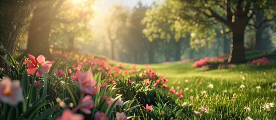 Poster - Spring concept landscape image with blooming flowers in a meadow showcasing green nature and copy space for text representing Earth s springtime beauty