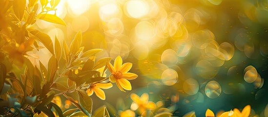 Poster - Vibrant yellow foliage in a garden fresh in the morning light and ready to embrace a new day with space for text or design. Creative banner. Copyspace image