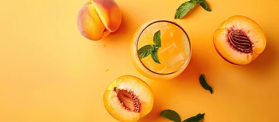 Aufkleber - Top view of a glass with a cocktail or mocktail garnished with a peach half and whole fruit on a yellow backdrop perfect for a summer drink with copy space image