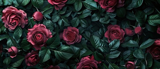 Aufkleber - Beautiful dark pink tea roses with dark green foliage background at the frame s edge creating a copy space image