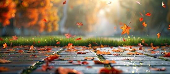 Poster - Autumn scene with leaves falling on street tiles grass lawn perfect for wallpaper featuring empty copy space image