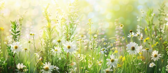 Poster - Summer nature with blooming white flowers in wild meadows mixed with grasses and wildflowers under sunlight forms a vibrant meadow of medicinal herbs and flowering plants It s a summer floral backdro