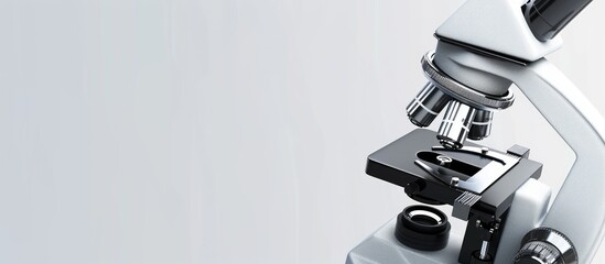 Wall Mural - close up of a microscope on a grey background with a banner design featuring copy space image
