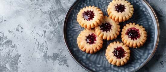 Poster - Plate with Kurabye shortbread cookies filled with berry jam on a gray concrete backdrop with ample copy space image Delightful dessert presentation