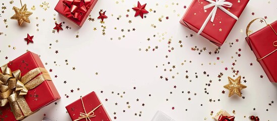 Poster - Copy space image featuring gift boxes set against a white background evoking the festive ambiance of Christmas and New Year holidays Perfect for a Christmas themed banner or mock up