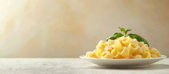 Aufkleber - Side view of a plate with Boursin pasta homemade and baked with copy space image