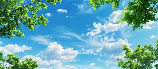 Aufkleber - Blank blue sky with fluffy clouds and green tree branches in the foreground providing copy space image