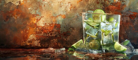 Sticker - A gin and tonic served in a misted glass on a weathered background garnished with lime cucumber and juniper providing a copy space image