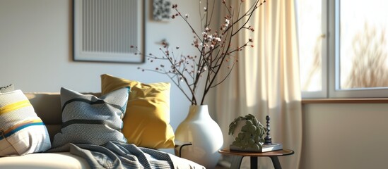 Poster - Living room decor features an armchair a vase with branches and pictures with copy space image