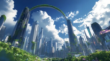 Wall Mural - Futuristic cityscape with greenery and towering structures under a blue sky.