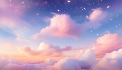 Wall Mural - a dreamy pastel sky filled with fluffy clouds at sunset with a soft glow and twinkling stars