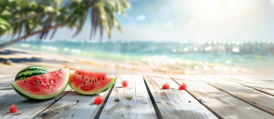 Poster - A wooden table displays watermelon slices with a blurred beach and palm tree background providing ample copy space for product and food ads