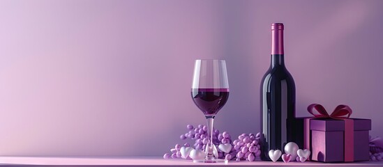 Leinwandbilder - A romantic Valentine s Day setting featuring a bottle of wine glass and gift box on a lilac background with copy space image