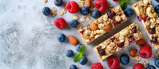 Sticker - A nutritious snack option for health conscious individuals an assortment of granola bars filled with nuts and berries displayed in a top view copy space image