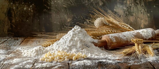 Sticker - Wooden table adorned with a pile of flour a rolling pin ears of wheat and ample copy space for images all creating a rustic culinary setting