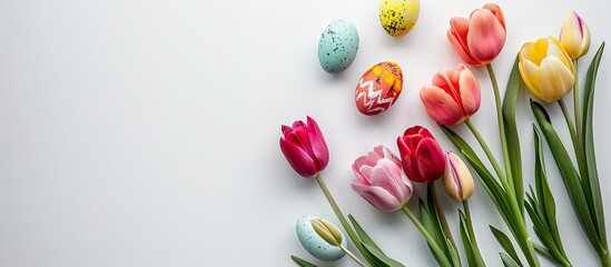Aufkleber - Copy space image featuring vibrant tulips and eggs against a white backdrop embodying the essence of Spring and Easter celebrations