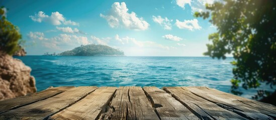 Poster - Sea view on an island with a charming wooden log serving as a table background featuring ample copy space for an image