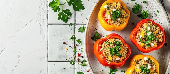 Close up of quinoa filled bell peppers and parsley arranged in a baking dish on a white table with a tiled surface offering space for text in the image. Creative banner. Copyspace image